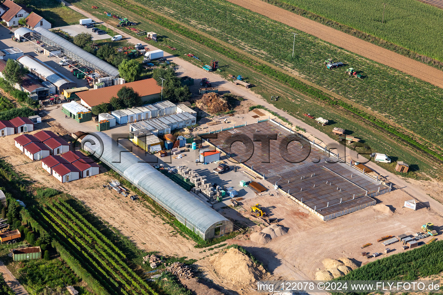 Aerial view of Kugelmann Biogemüse New production hall in Kandel in the state Rhineland-Palatinate, Germany