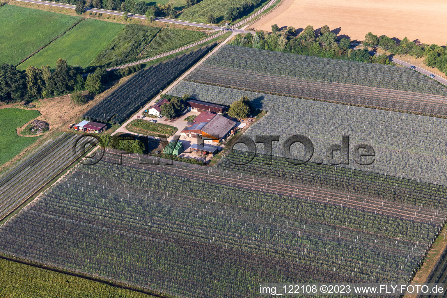 Aerial view of Asparagus and Obsthof Gensheimer in Steinweiler in the state Rhineland-Palatinate, Germany
