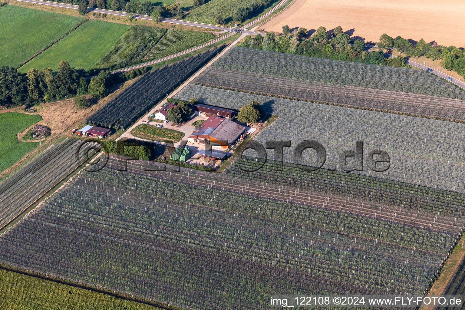 Aerial view of Asparagus and fruit farm Gensheimer in Steinweiler in the state Rhineland-Palatinate, Germany