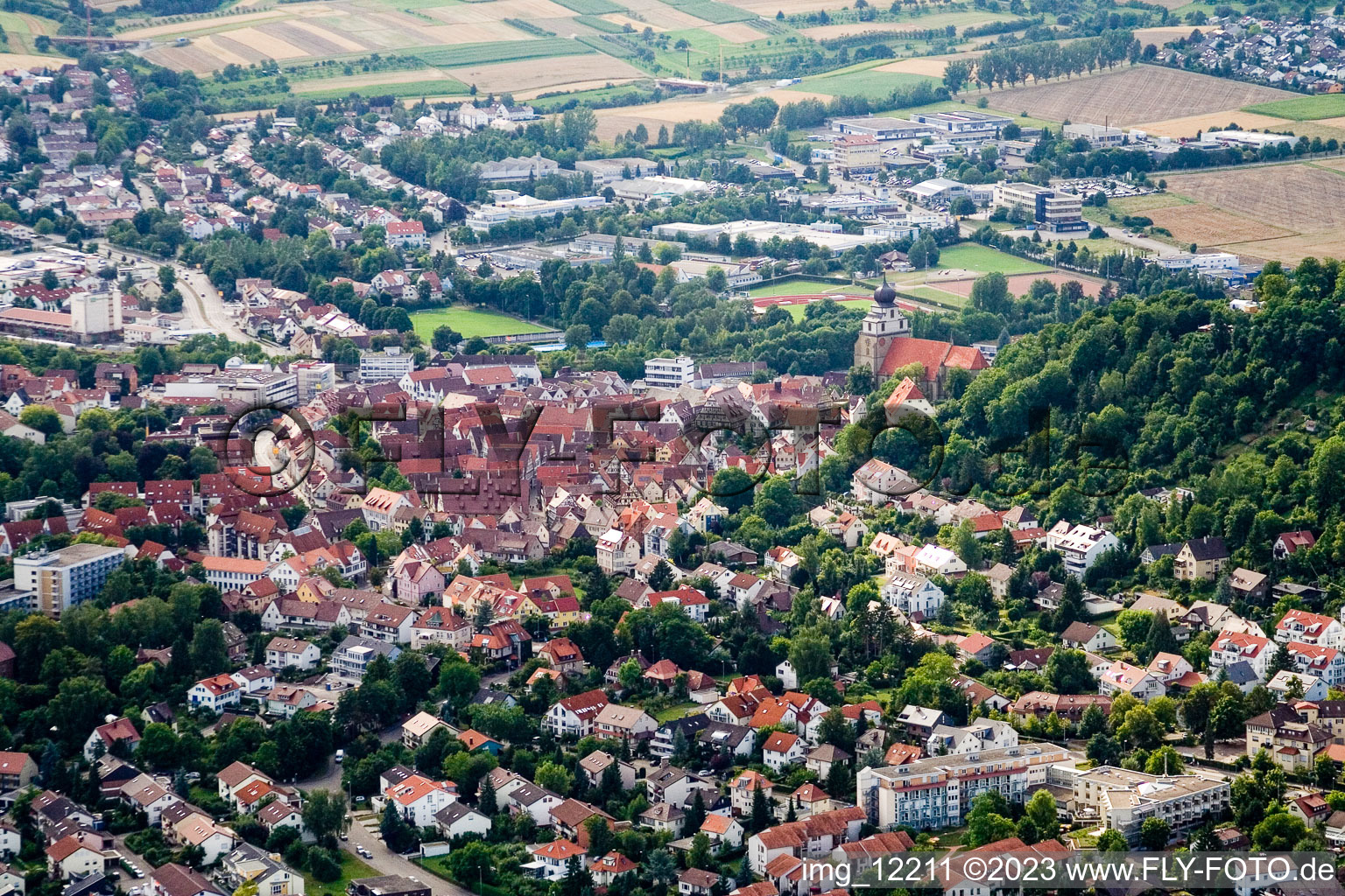 From the southeast in Herrenberg in the state Baden-Wuerttemberg, Germany from above