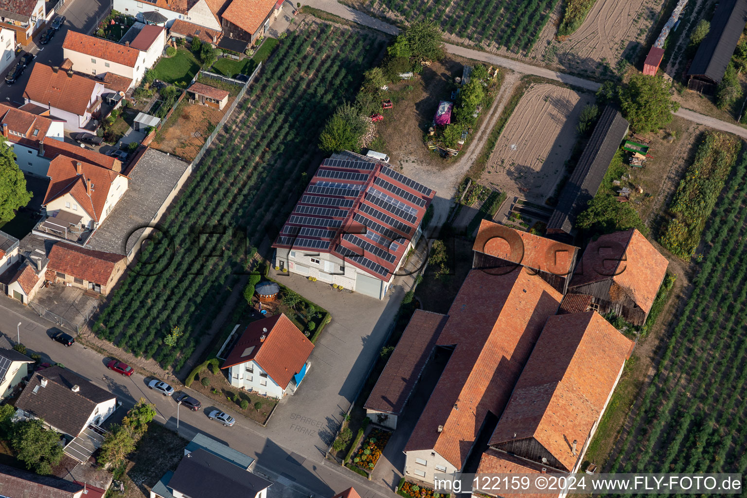 Aerial view of Asparagus Franz Ohmer in Rheinzabern in the state Rhineland-Palatinate, Germany