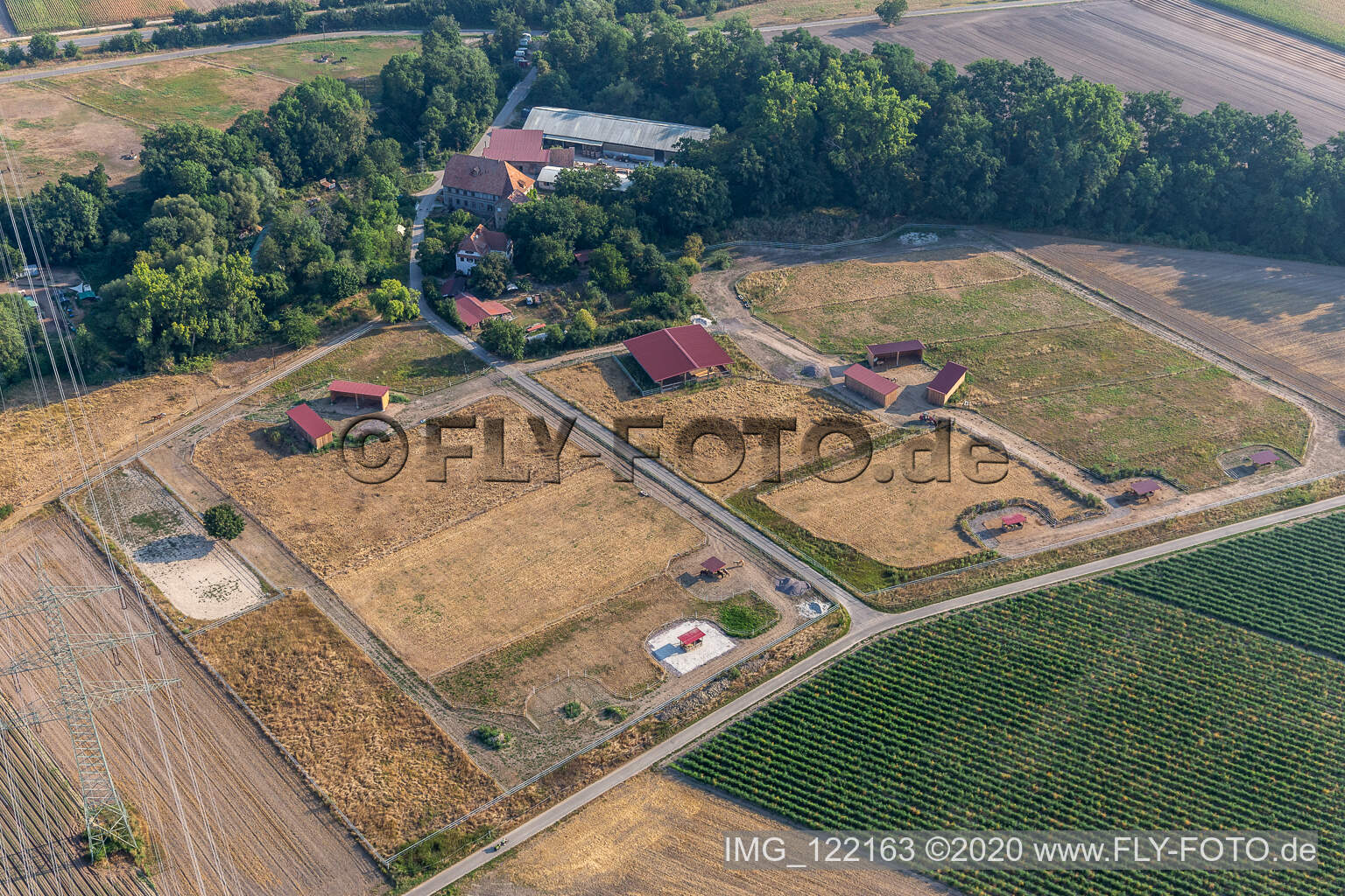 Aerial view of Wanzheimer Mühle horse farm in Rheinzabern in the state Rhineland-Palatinate, Germany