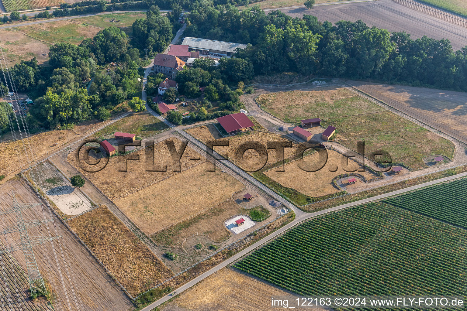 Aerial view of Wanzheimer Mühle horse farm in Rheinzabern in the state Rhineland-Palatinate, Germany