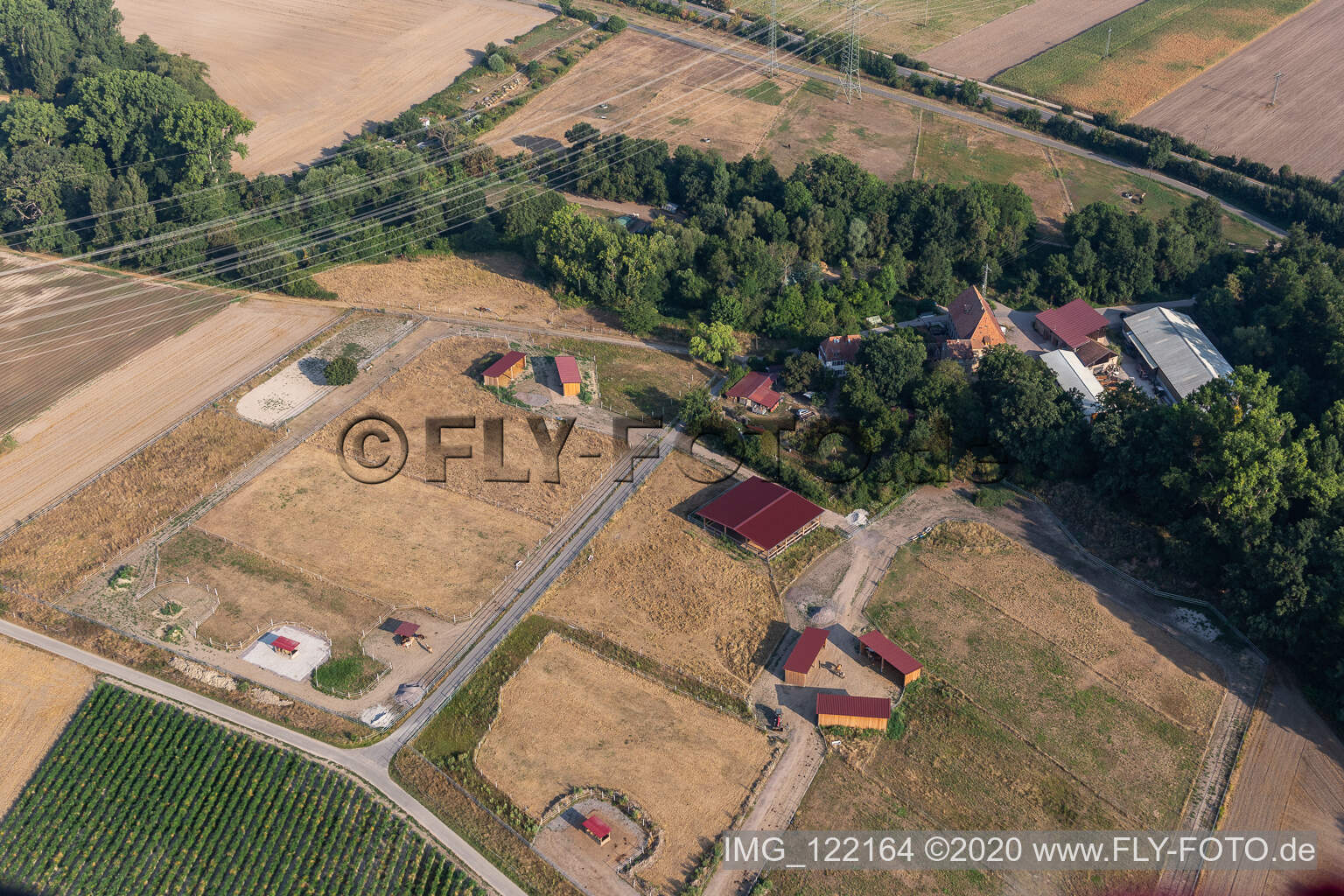 Aerial photograpy of Wanzheimer Mühle horse farm in Rheinzabern in the state Rhineland-Palatinate, Germany