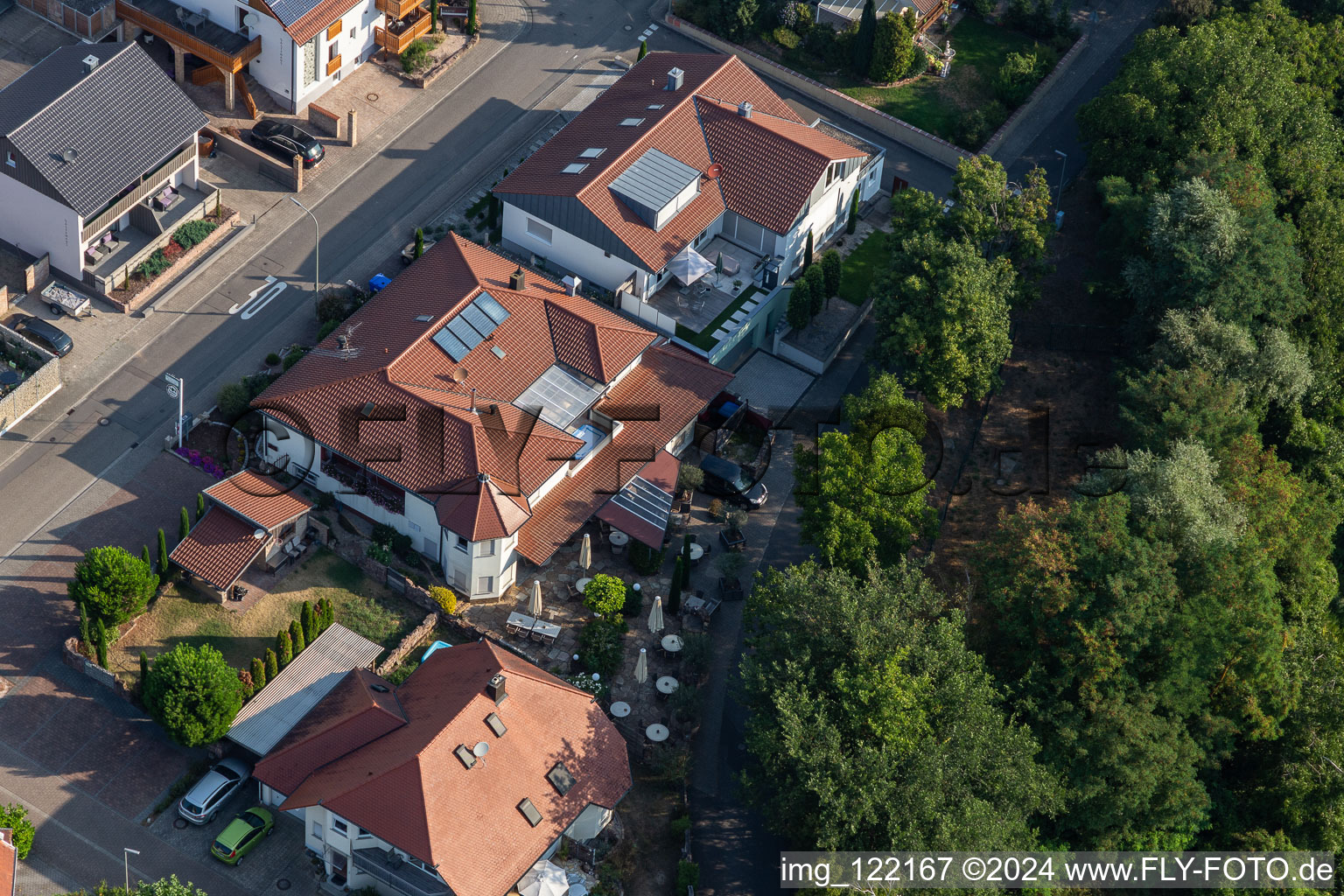 Aerial view of Gehrlein's Restaurant Hardtwald in the district Hardtwald in Neupotz in the state Rhineland-Palatinate, Germany