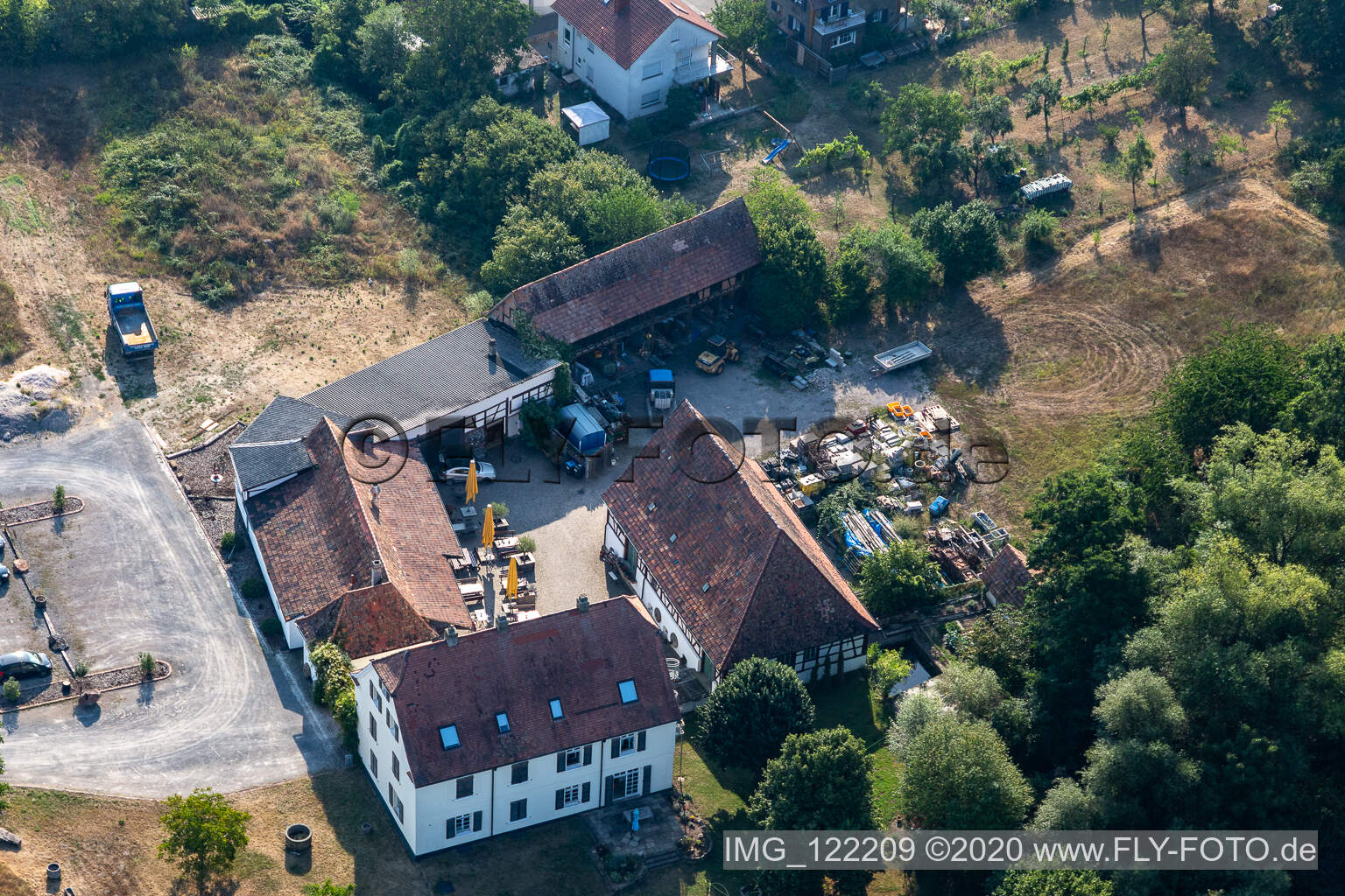 Aerial view of Gehrlein's Alte Mühle and country house coffee in Hatzenbühl in the state Rhineland-Palatinate, Germany