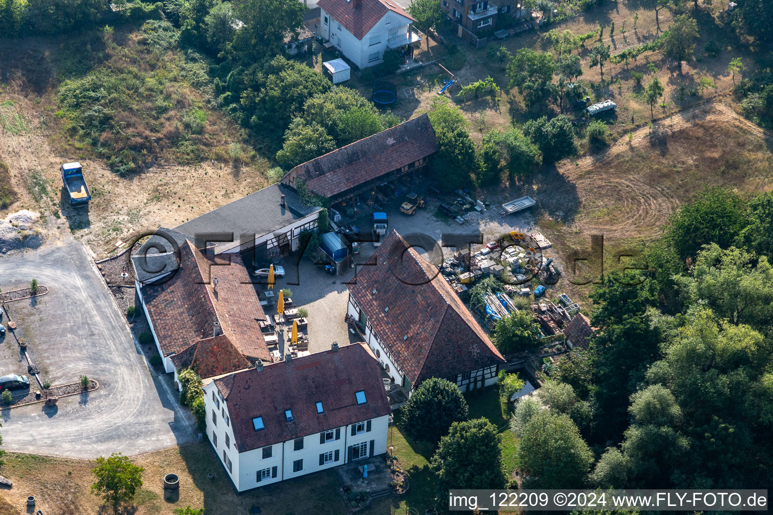 Aerial view of Gehrlein's Alte Mühle and Landhauskaffee in Hatzenbühl in the state Rhineland-Palatinate, Germany