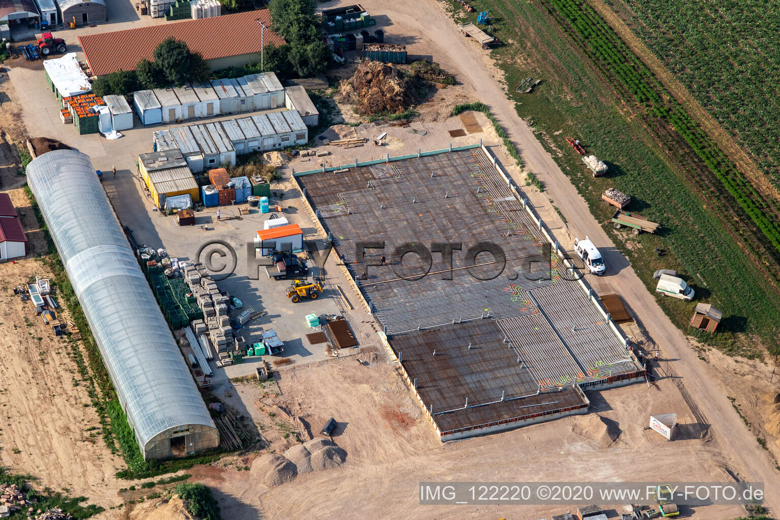 Kugelmann organic vegetables new construction of the production hall in Kandel in the state Rhineland-Palatinate, Germany seen from above