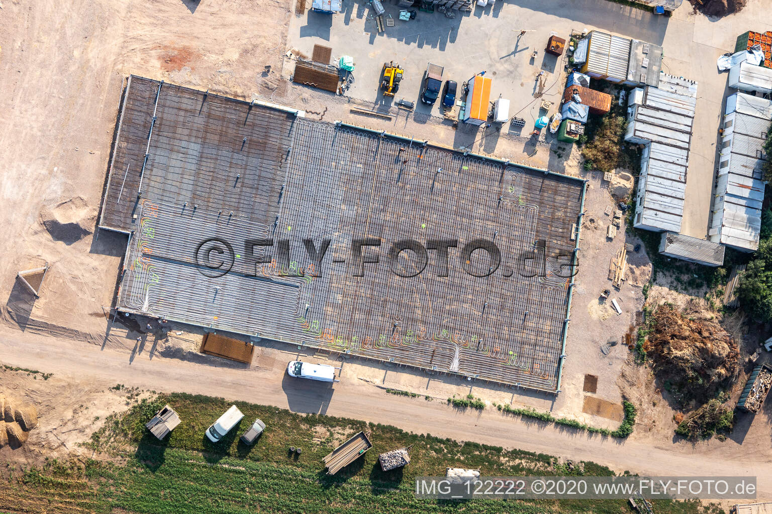 Bird's eye view of Kugelmann organic vegetables new construction of the production hall in Kandel in the state Rhineland-Palatinate, Germany