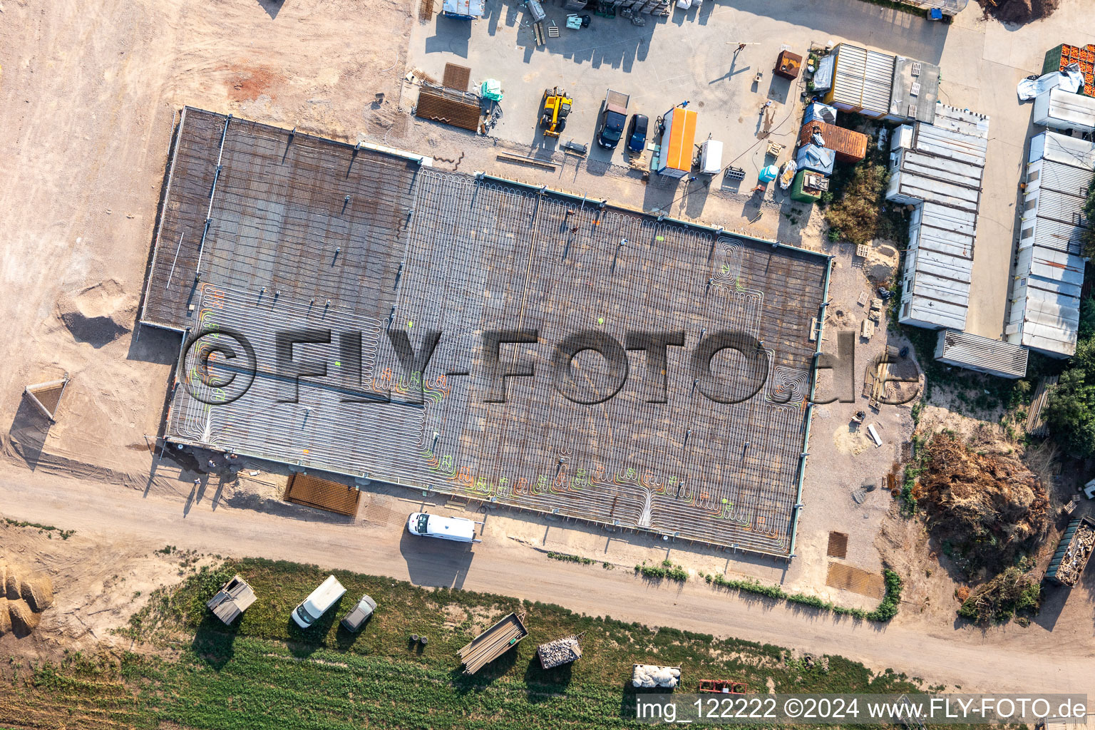 Bird's eye view of Kugelmann organic vegetables new construction of the production hall in Kandel in the state Rhineland-Palatinate, Germany