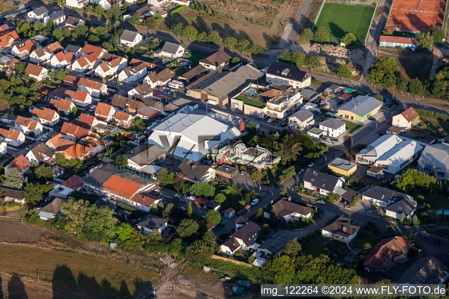 Aerial view of Wollherr building materials trade in Rheinzabern in the state Rhineland-Palatinate, Germany