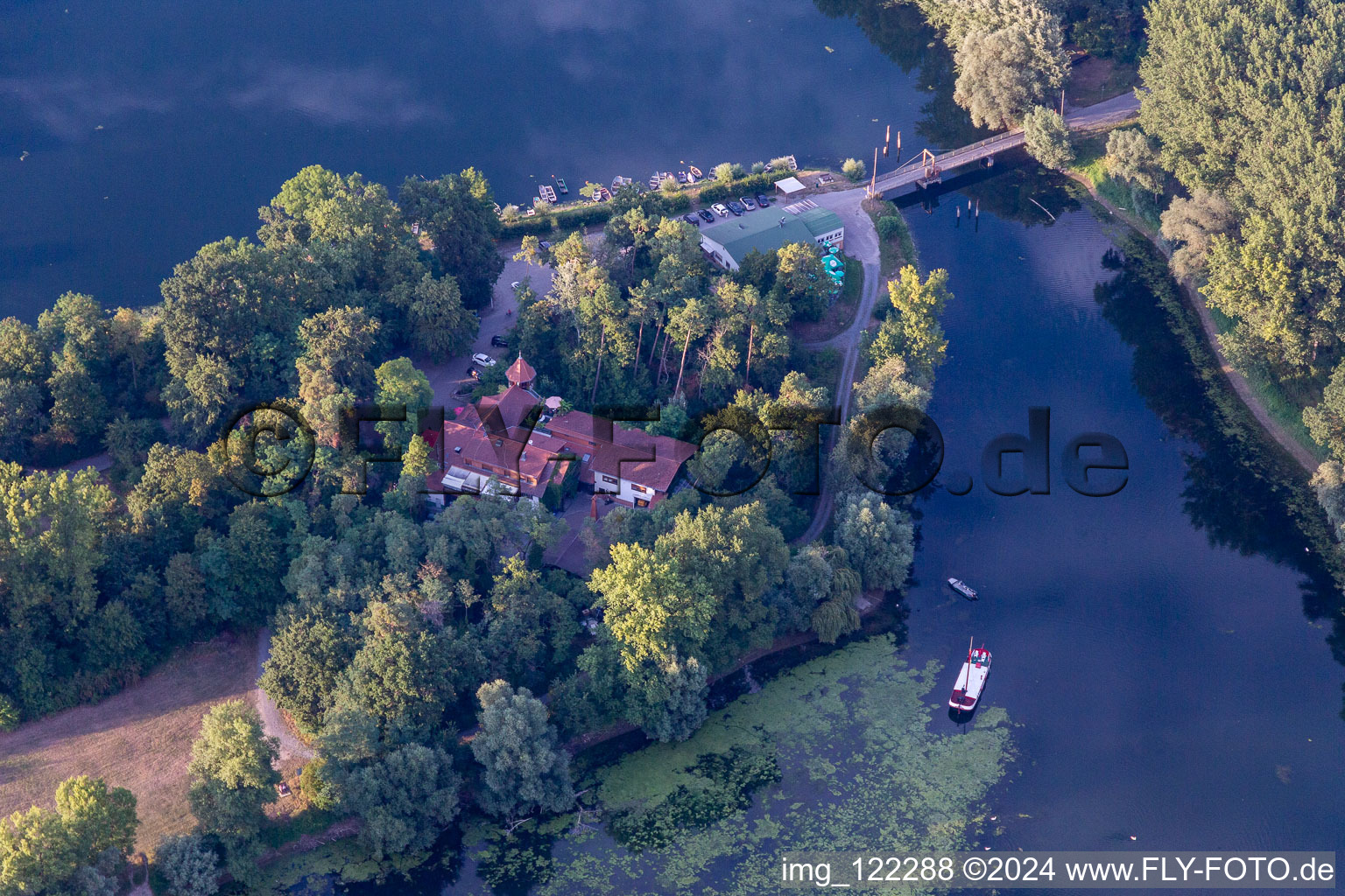 Building of the restaurant " Insel Rott am Rhein " in Linkenheim-Hochstetten in the state Baden-Wuerttemberg, Germany