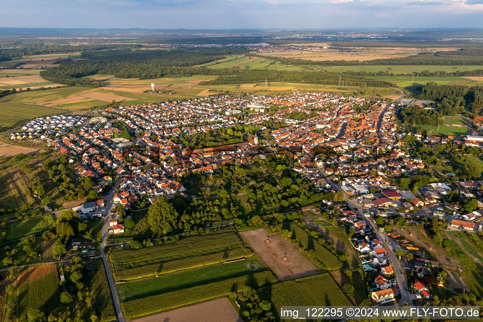 Aerial photograpy of From the west in the district Liedolsheim in Dettenheim in the state Baden-Wuerttemberg, Germany