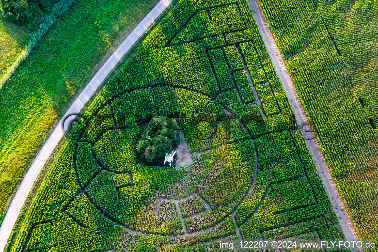 Aerial view of Maze - Corn-Labyrinth Maislabyrinth bei Hofcafee Onkel Oskar of Bolz Landhandel GmbH in a field in Dettenheim in the state Baden-Wuerttemberg, Germany