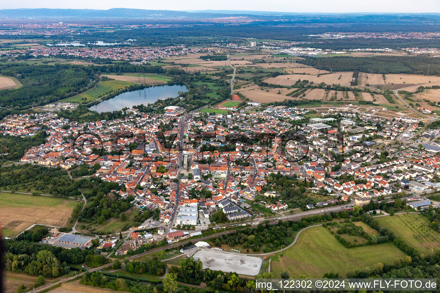 Aerial view of Town View of the streets and houses of the residential areas in Philippsburg in the state Baden-Wuerttemberg, Germany