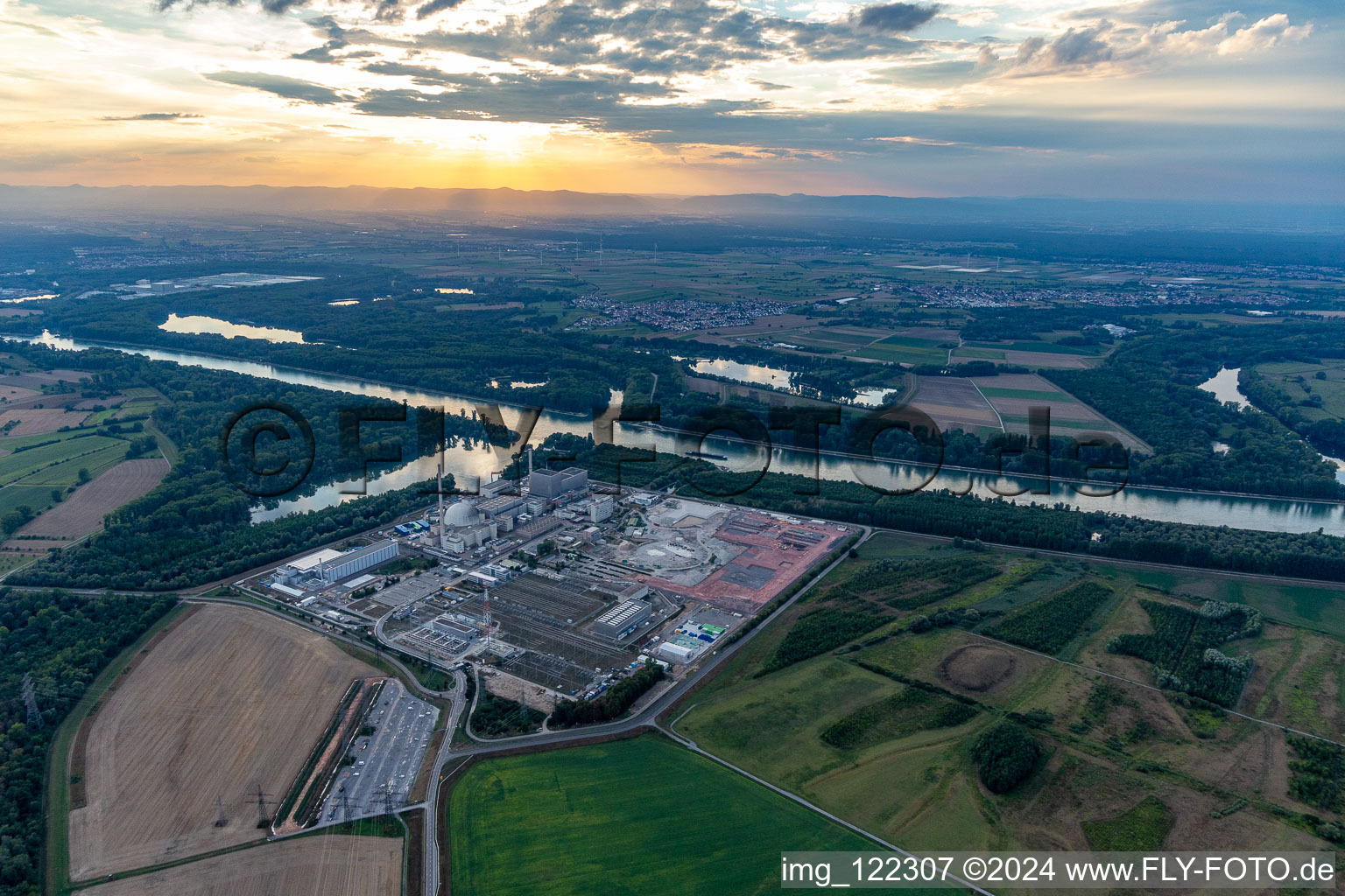 Aerial view of Dismantling of the nuclear power plant, space for direct current in Philippsburg in the state Baden-Wuerttemberg, Germany