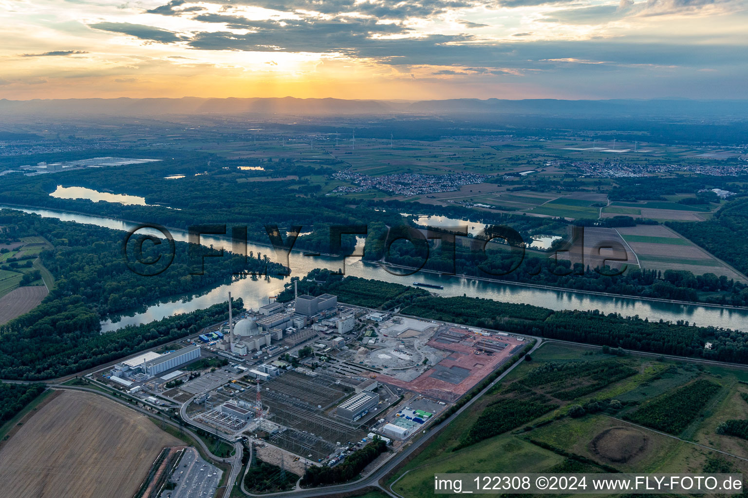 Aerial photograpy of Dismantling of the nuclear power plant, space for direct current in Philippsburg in the state Baden-Wuerttemberg, Germany