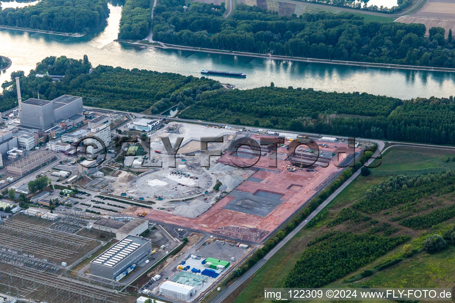 Oblique view of Dismantling of the nuclear power plant, space for direct current in Philippsburg in the state Baden-Wuerttemberg, Germany