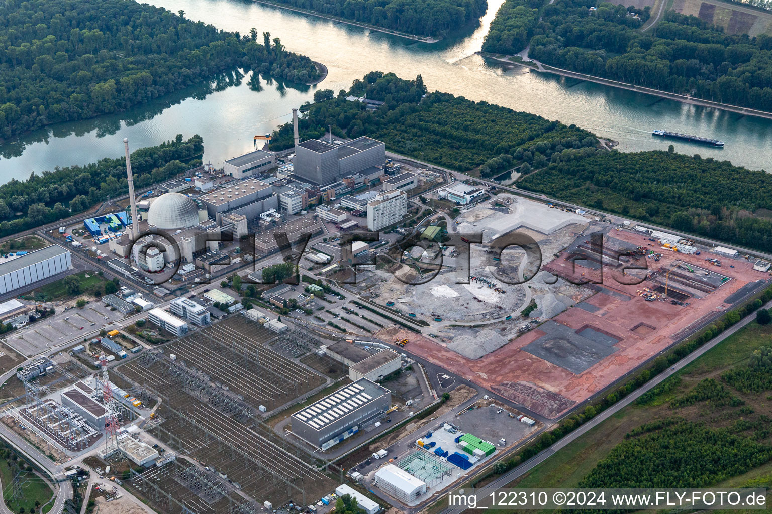 Dismantling of the nuclear power plant, space for direct current in Philippsburg in the state Baden-Wuerttemberg, Germany from above