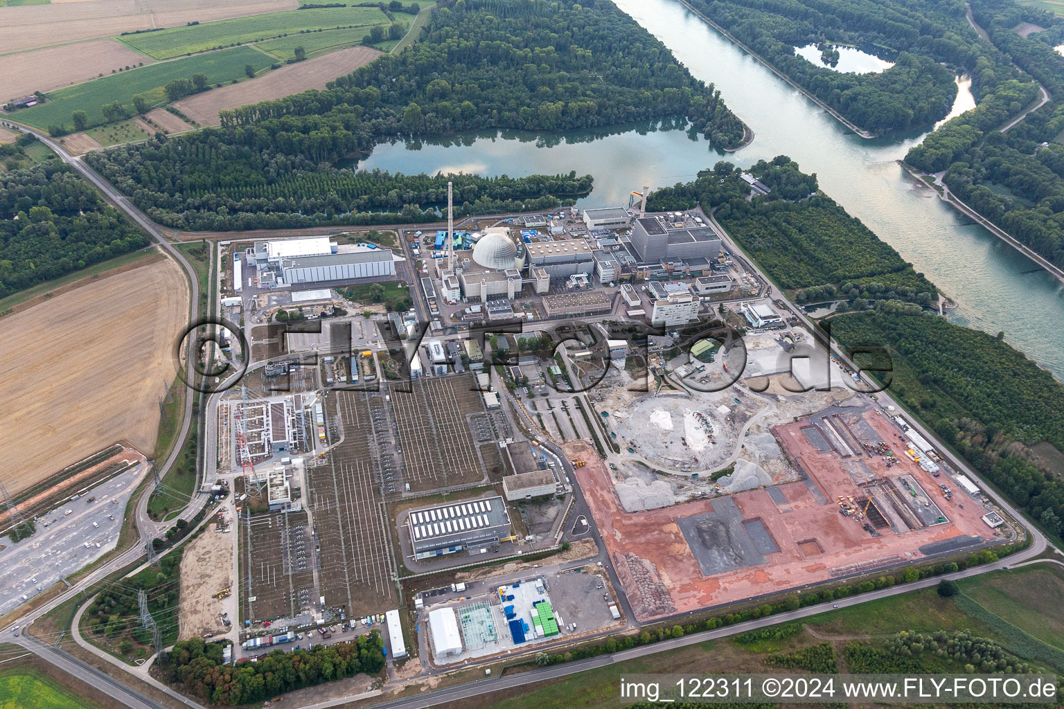 Remains of the decommissioned reactor blocks and facilities of the nuclear power plant - KKW Kernkraftwerk EnBW Kernkraft GmbH, Philippsburg nuclear power plant and rubble of the two cooling towers in Philippsburg in the state Baden-Wuerttemberg, Germany