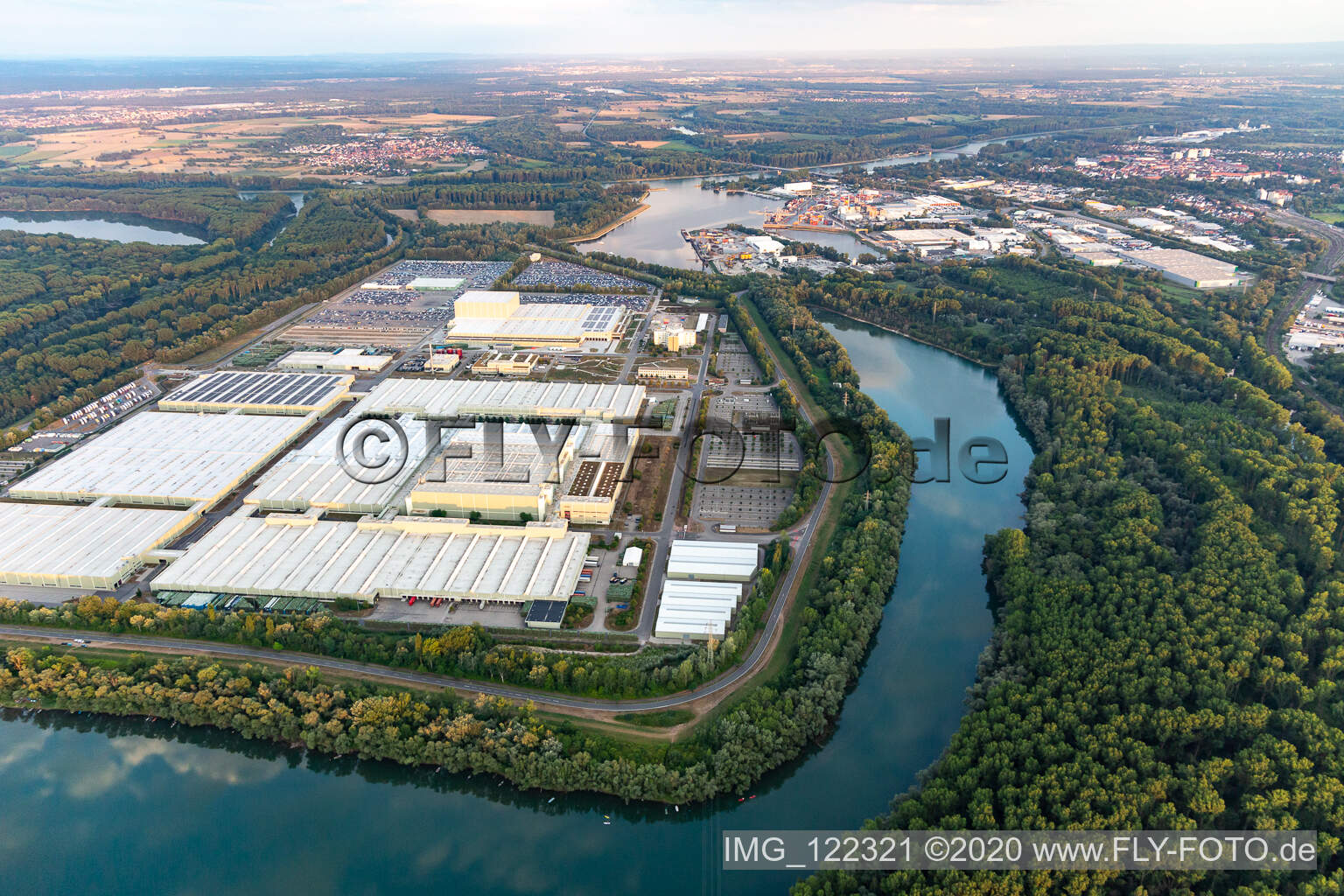 Aerial view of Daimler GLC on the island of Green in Germersheim in the state Rhineland-Palatinate, Germany