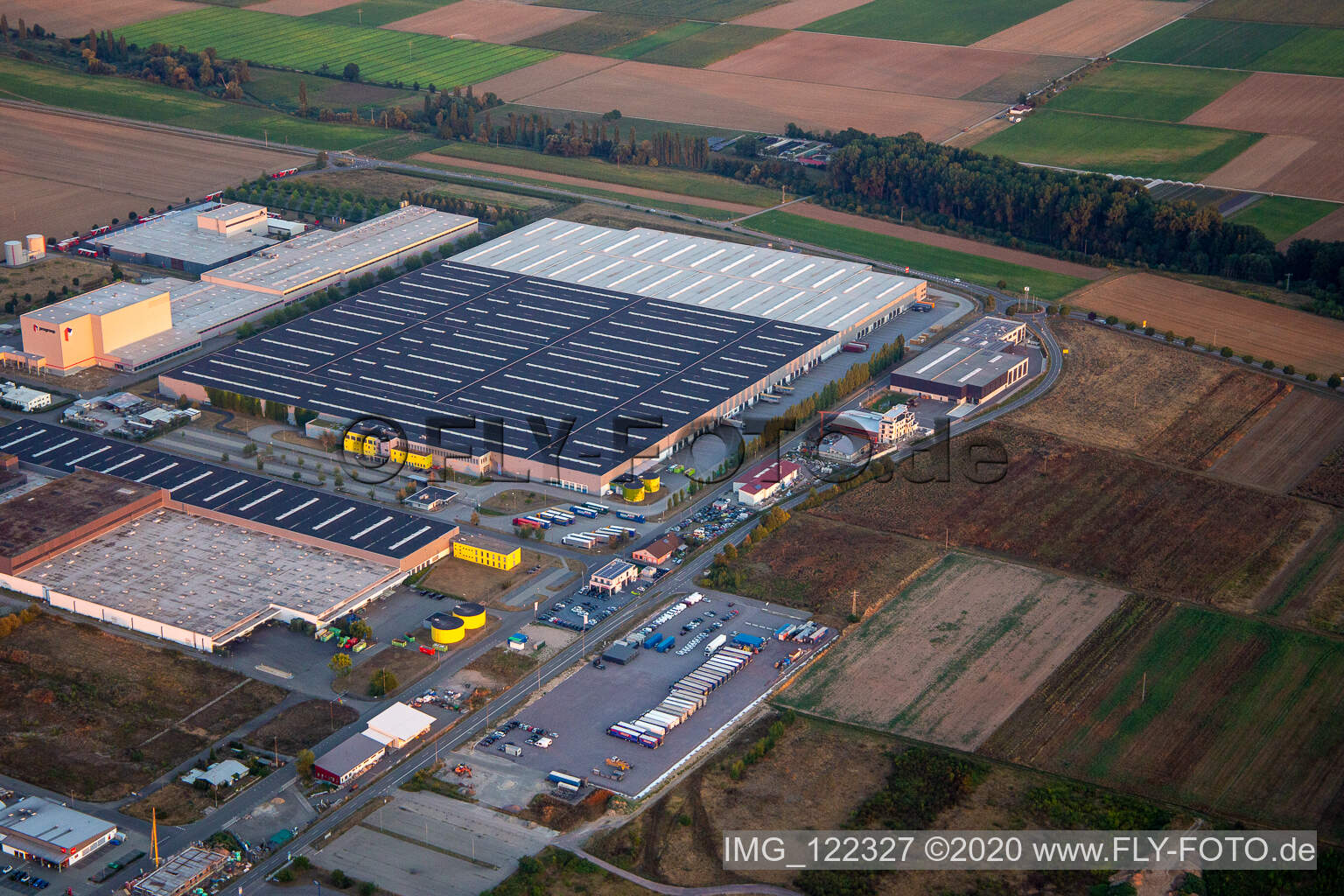 High-bay warehouse building complex and logistics center on the premises of Merceof Benz Spare Part storage in Offenbach an der Queich in the state Rhineland-Palatinate, Germany from above