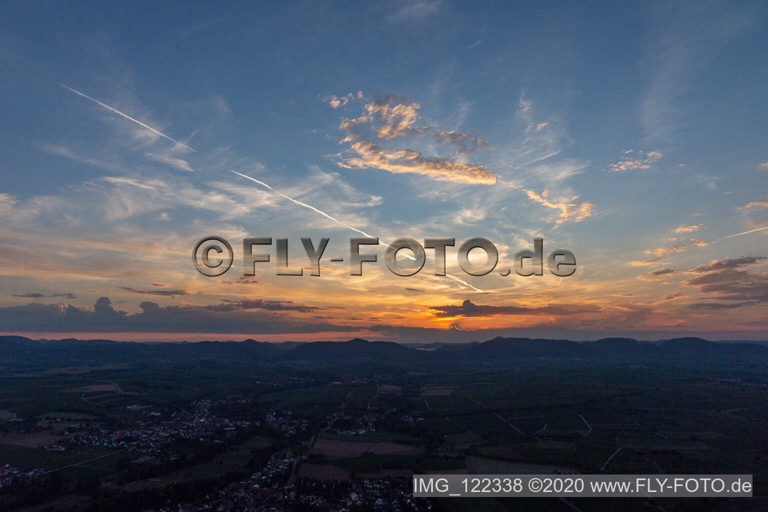 Aerial view of Sunset in the Southern Palatinate in the district Mühlhofen in Billigheim-Ingenheim in the state Rhineland-Palatinate, Germany
