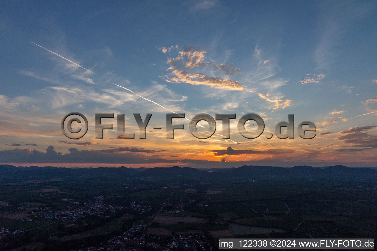 Aerial view of Sunset in the Southern Palatinate in the district Mühlhofen in Billigheim-Ingenheim in the state Rhineland-Palatinate, Germany