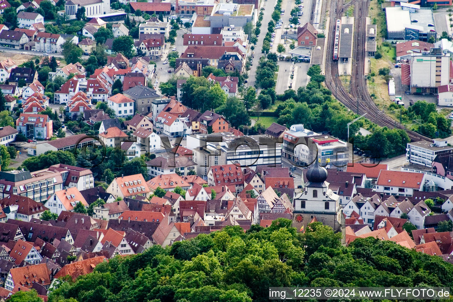 Aerial view of Old Town area and city center in Herrenberg in the state Baden-Wurttemberg