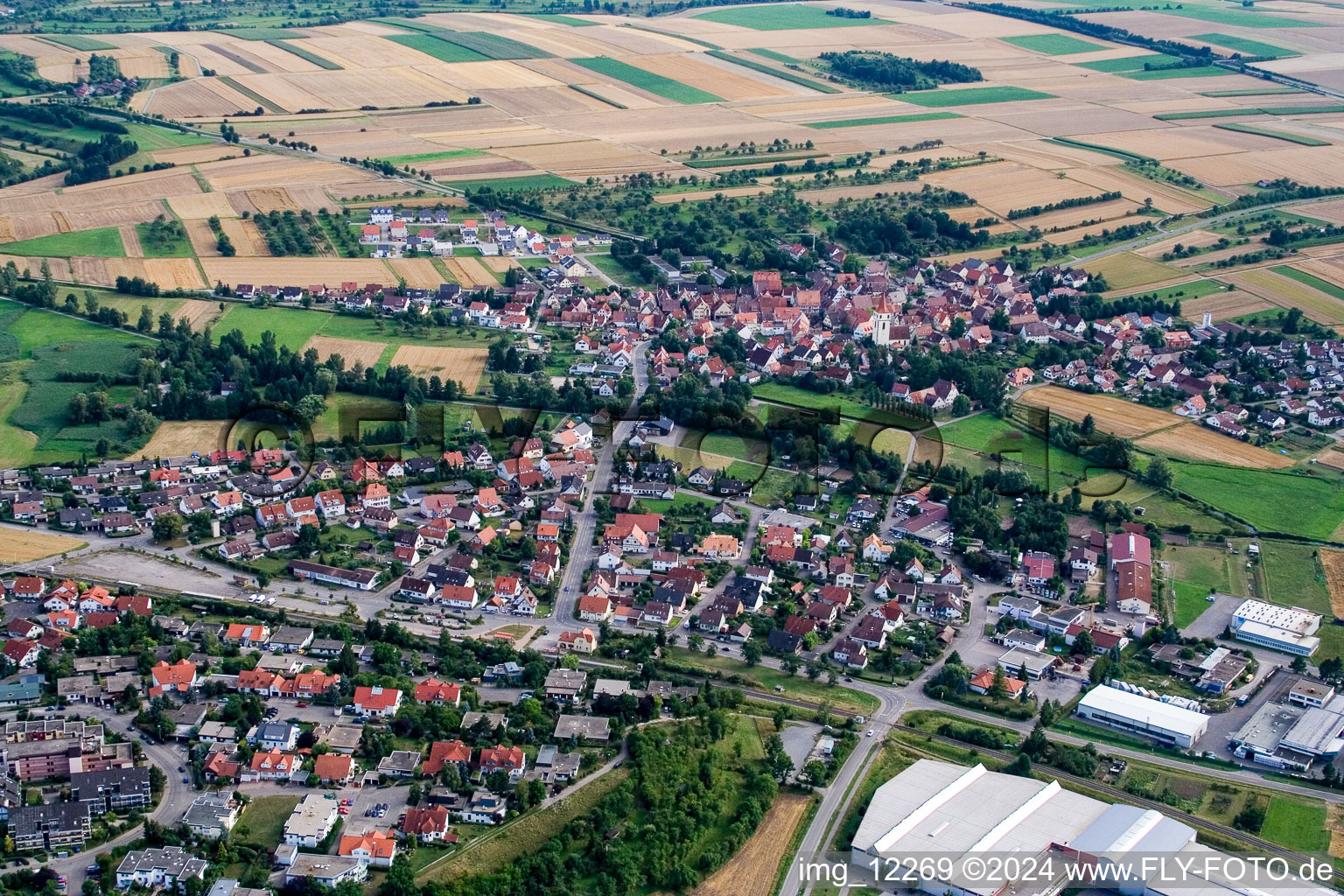 Aerial view of Town View of the streets and houses of the residential areas in the district Moenchberg in Herrenberg in the state Baden-Wurttemberg