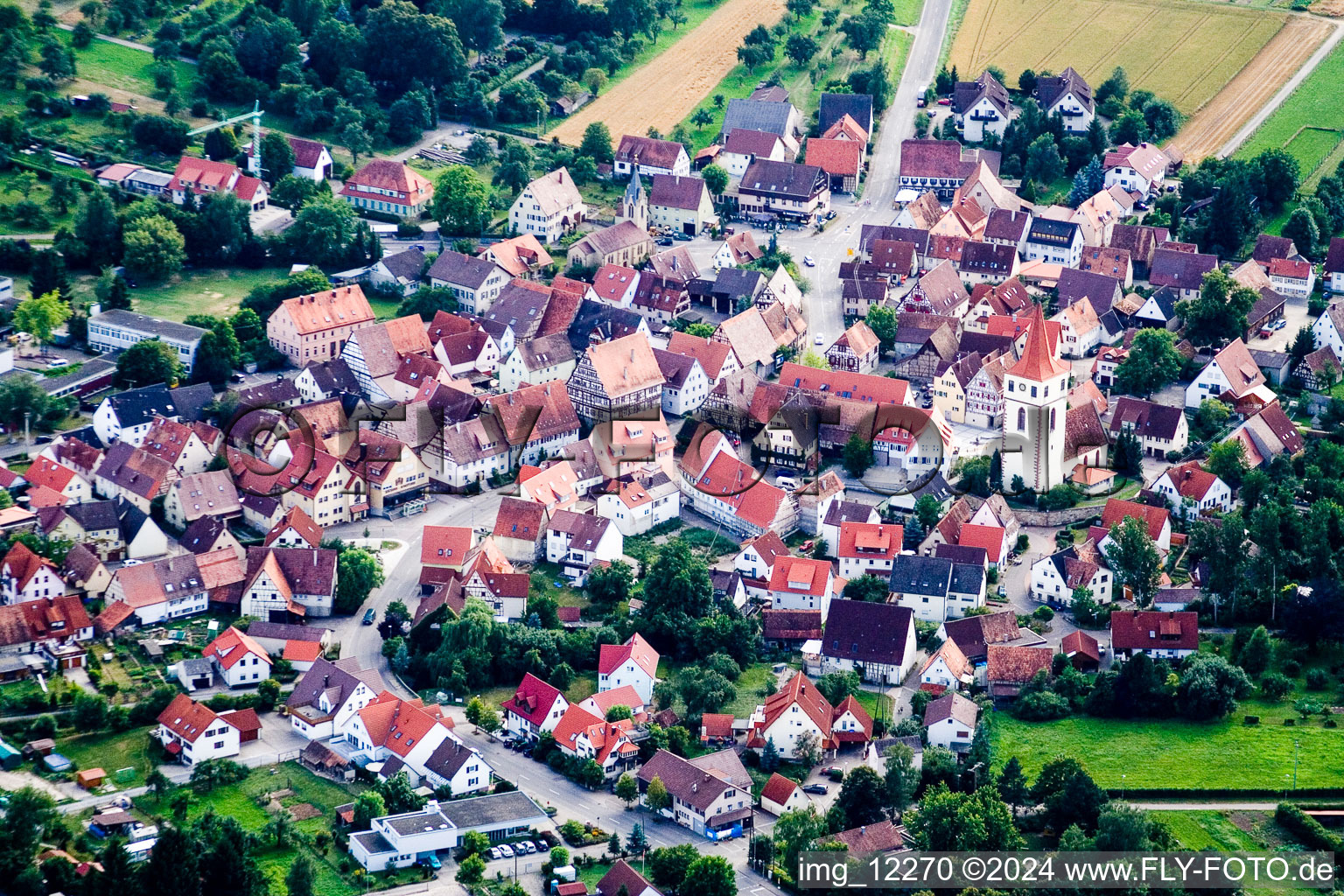 Aerial photograpy of Town View of the streets and houses of the residential areas in the district Moenchberg in Herrenberg in the state Baden-Wurttemberg