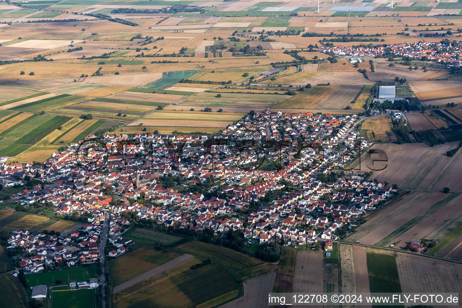 District Mechtersheim in Römerberg in the state Rhineland-Palatinate, Germany seen from a drone