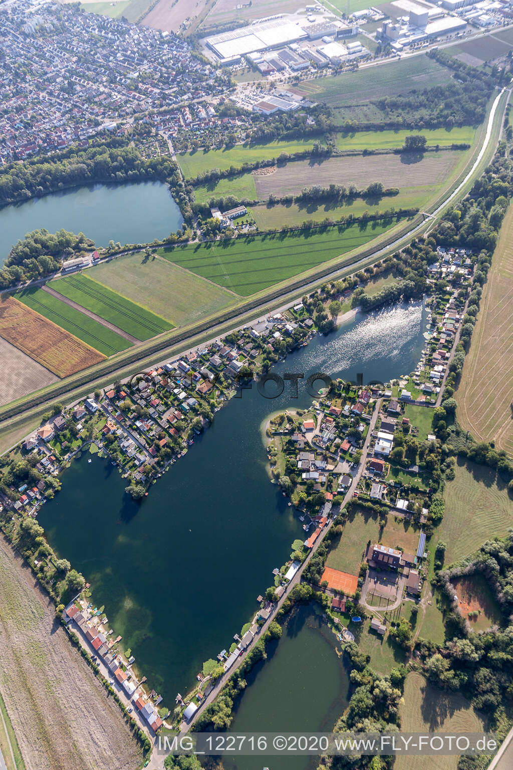 Aerial view of Hohewiesensee in Ketsch in the state Baden-Wuerttemberg, Germany