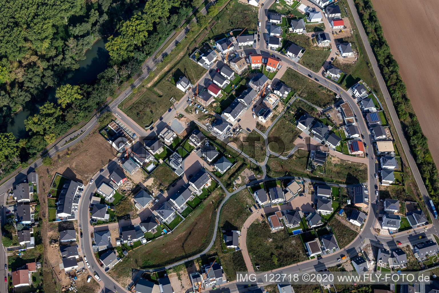 Aerial view of Altrheinbogen new development area in Ketsch in the state Baden-Wuerttemberg, Germany