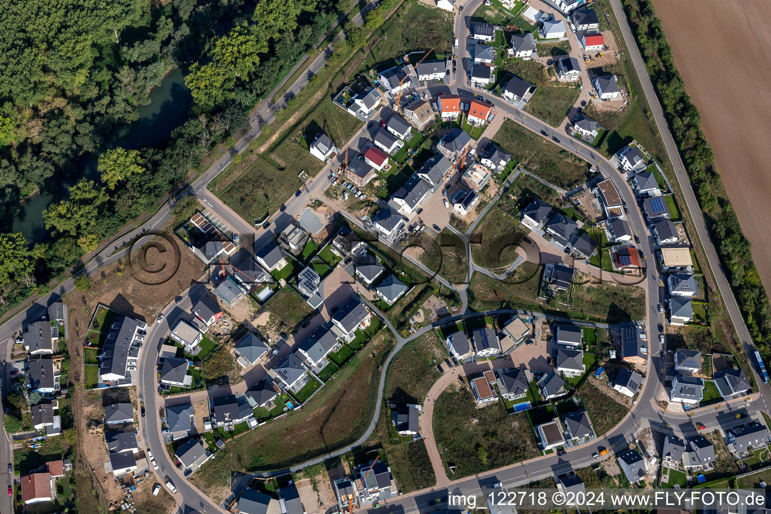 Aerial view of Altrheinbogen new development area in Ketsch in the state Baden-Wuerttemberg, Germany