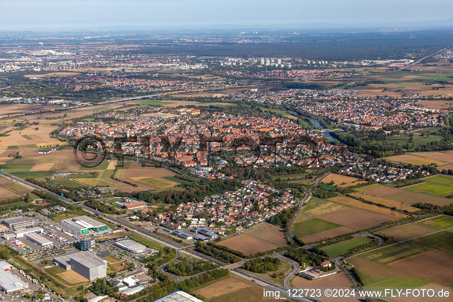 Village on the banks of the area Neckar - river course in Mannheim in the state Baden-Wuerttemberg, Germany