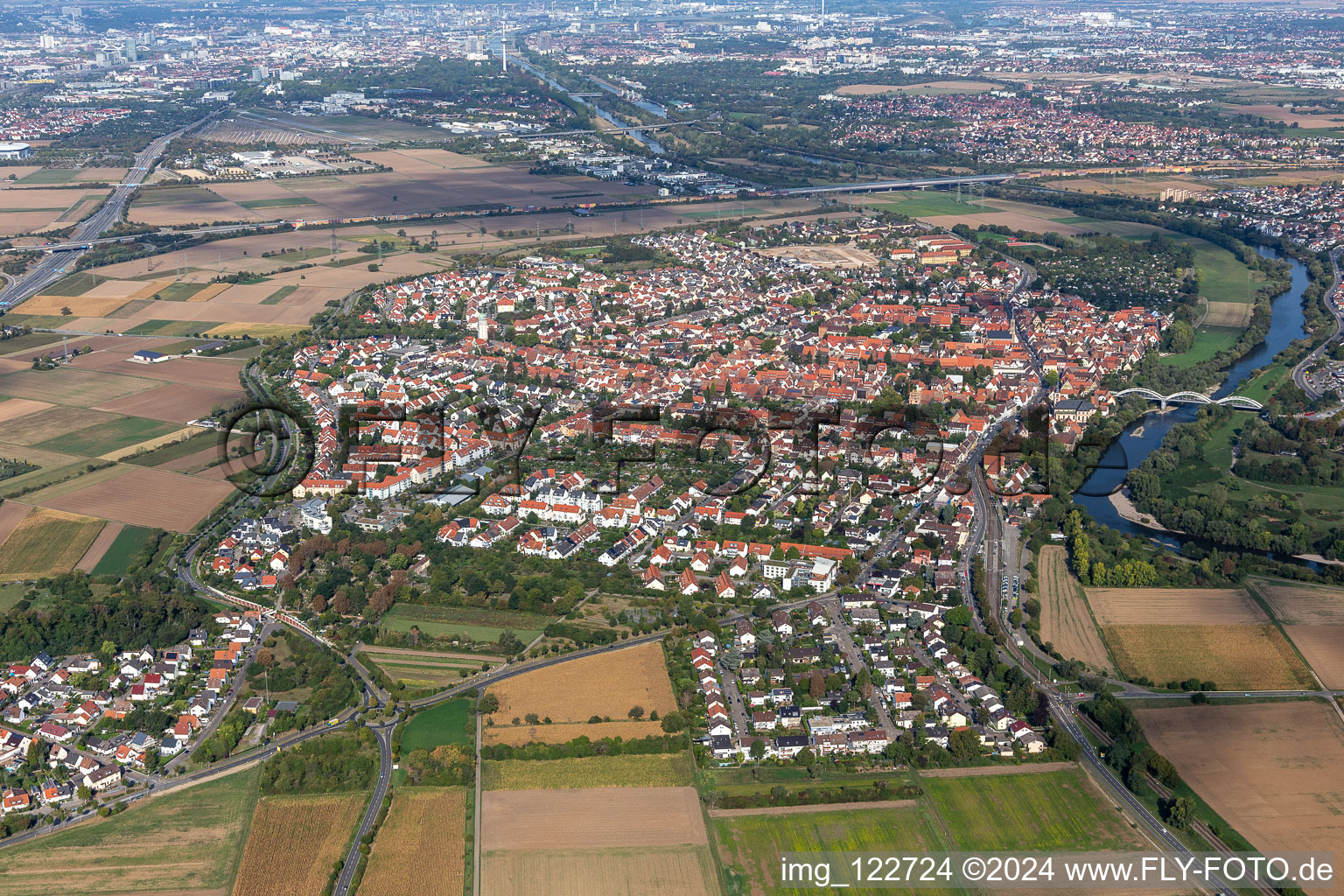 Aerial view of Village on the banks of the area Neckar - river course in Mannheim in the state Baden-Wuerttemberg, Germany