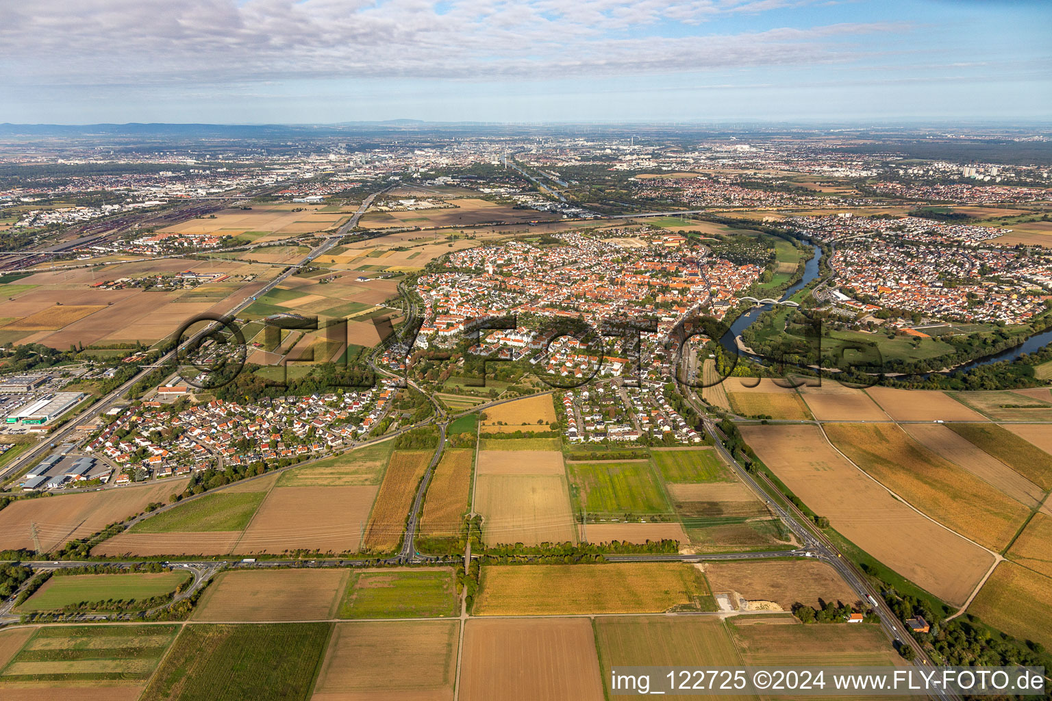 Aerial photograpy of Village on the banks of the area Neckar - river course in Mannheim in the state Baden-Wuerttemberg, Germany