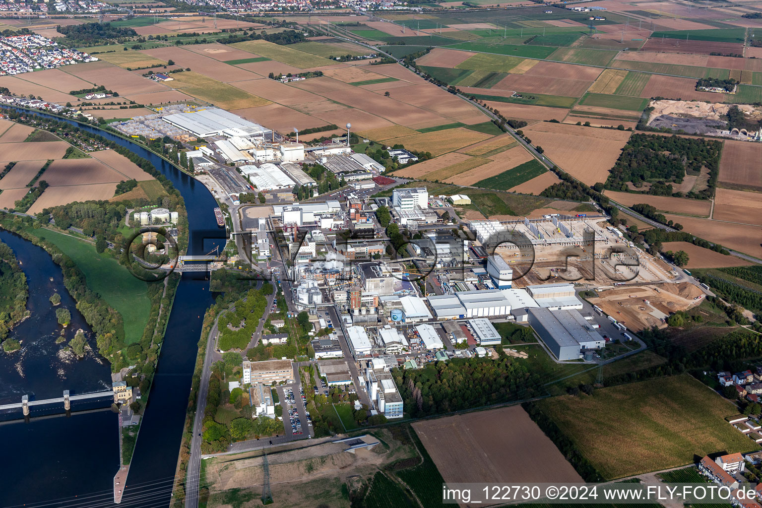 Industrial area with Saint-Gobain Isover G+H, ICL Germany BK Giulini in Ladenburg in the state Baden-Wuerttemberg, Germany