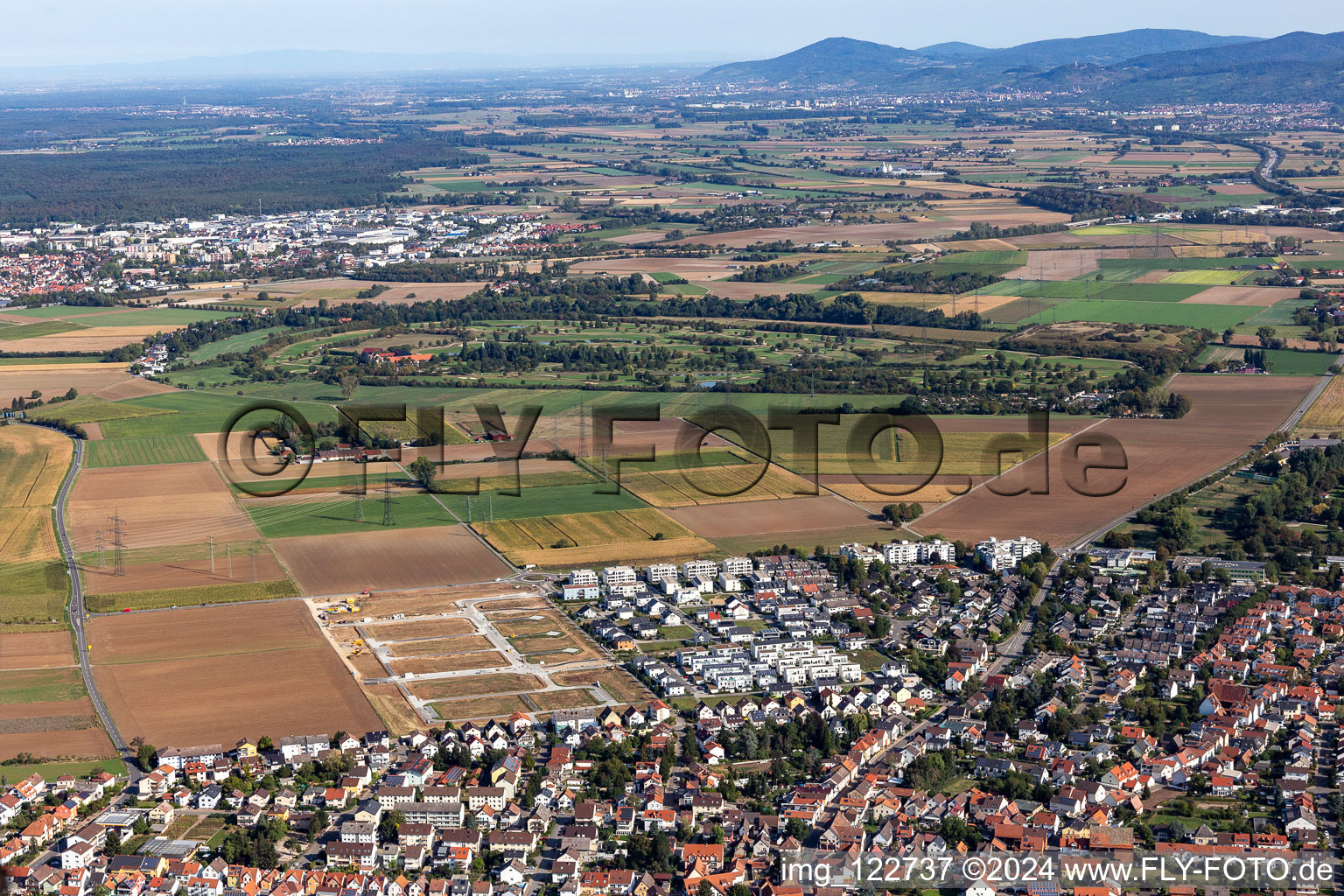 Aerial view of New development area "Mitten im Feld in Ladenburg in the state Baden-Wuerttemberg, Germany