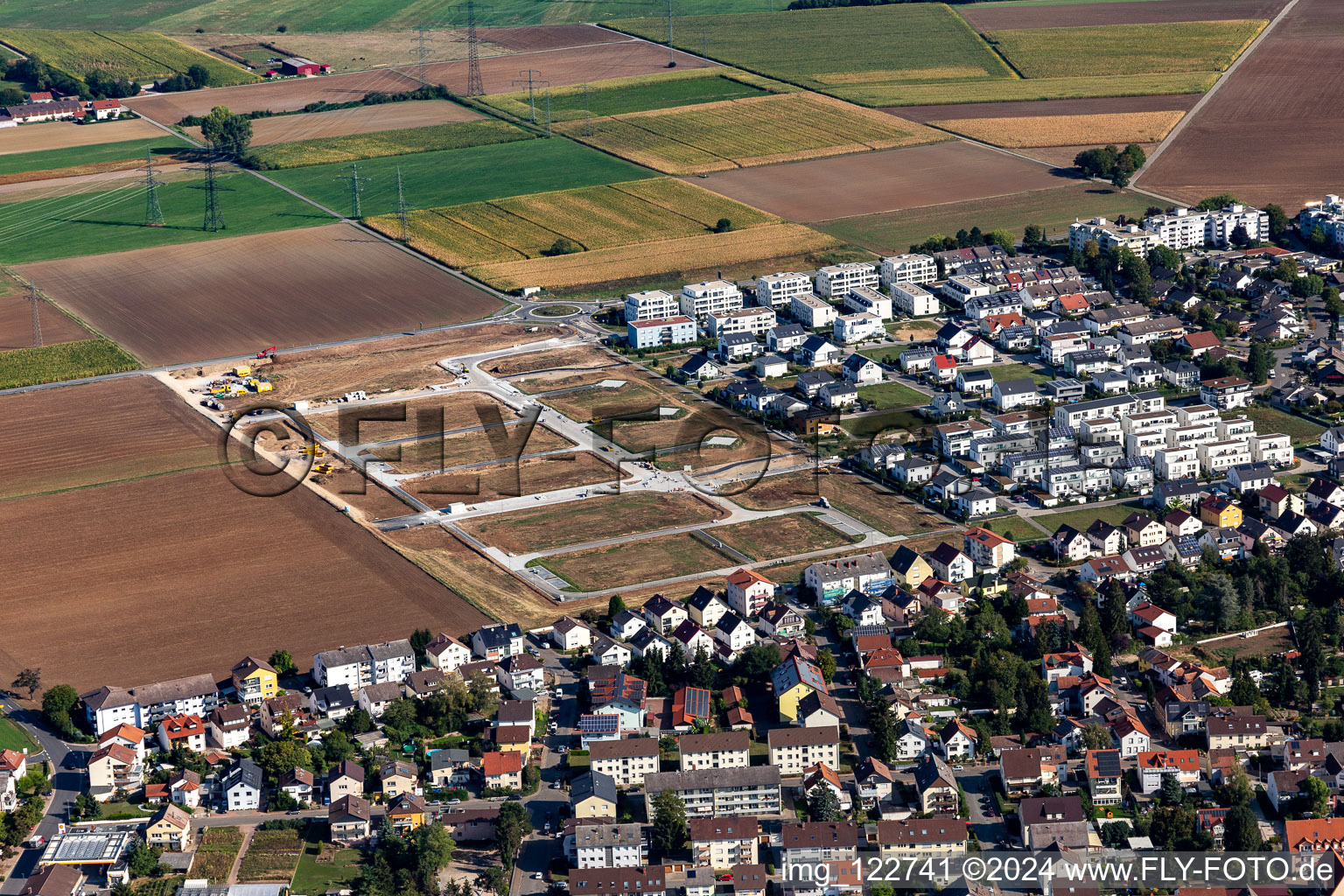 Aerial view of New development area "Mitten im Feld in Heddesheim in the state Baden-Wuerttemberg, Germany