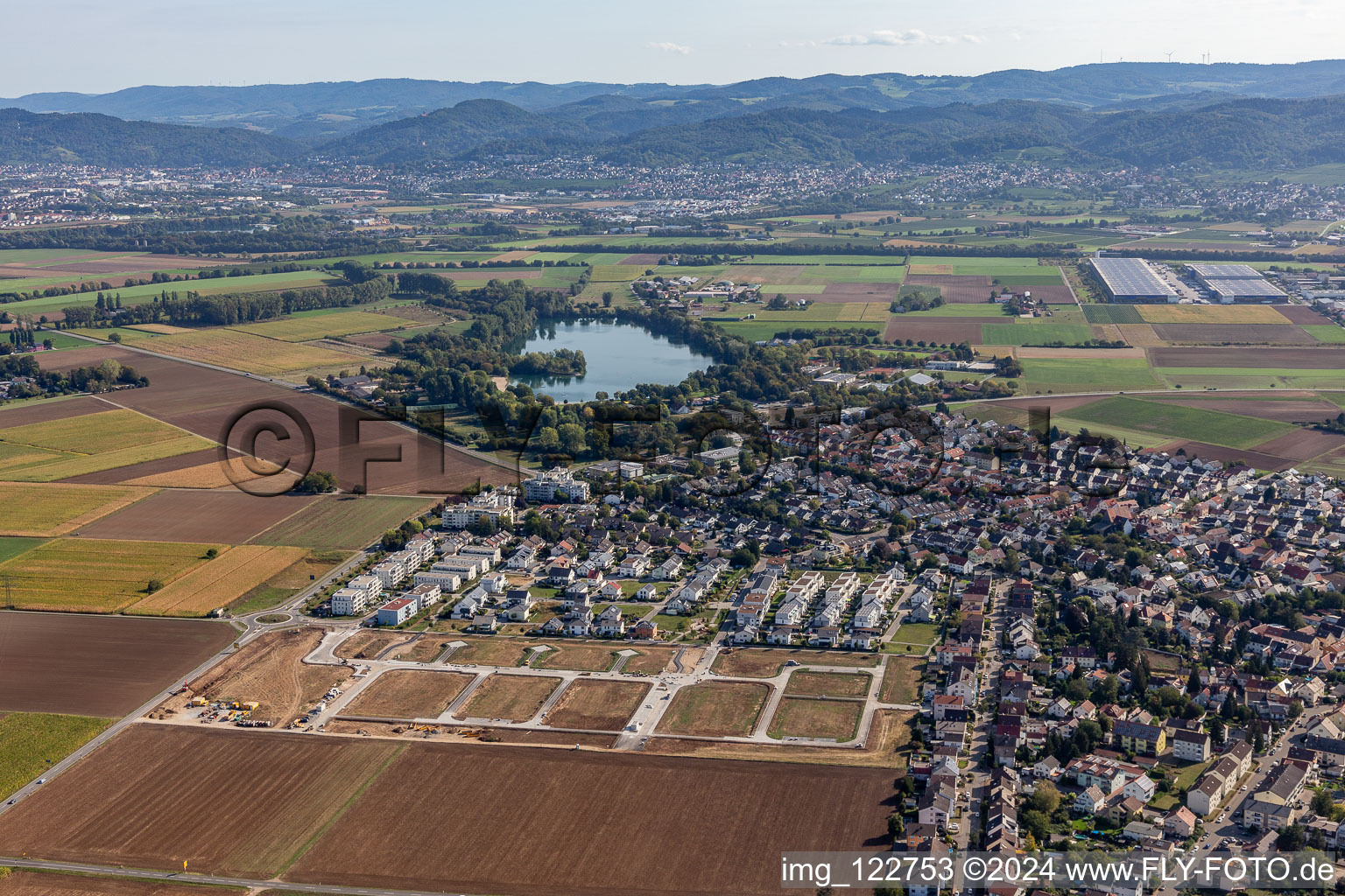 Aerial photograpy of New development area "Mitten im Feld in Heddesheim in the state Baden-Wuerttemberg, Germany