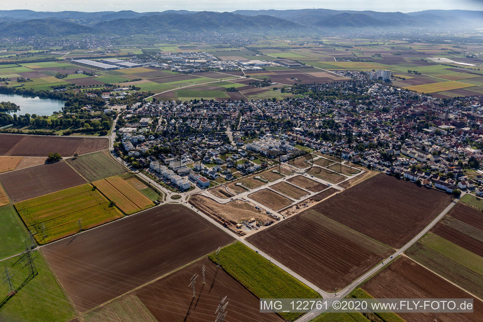 New development area "In the middle of the rock in Heddesheim in the state Baden-Wuerttemberg, Germany seen from above