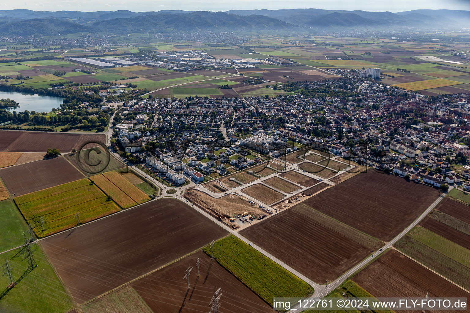 New development area "Mitten im Feld in Heddesheim in the state Baden-Wuerttemberg, Germany from above