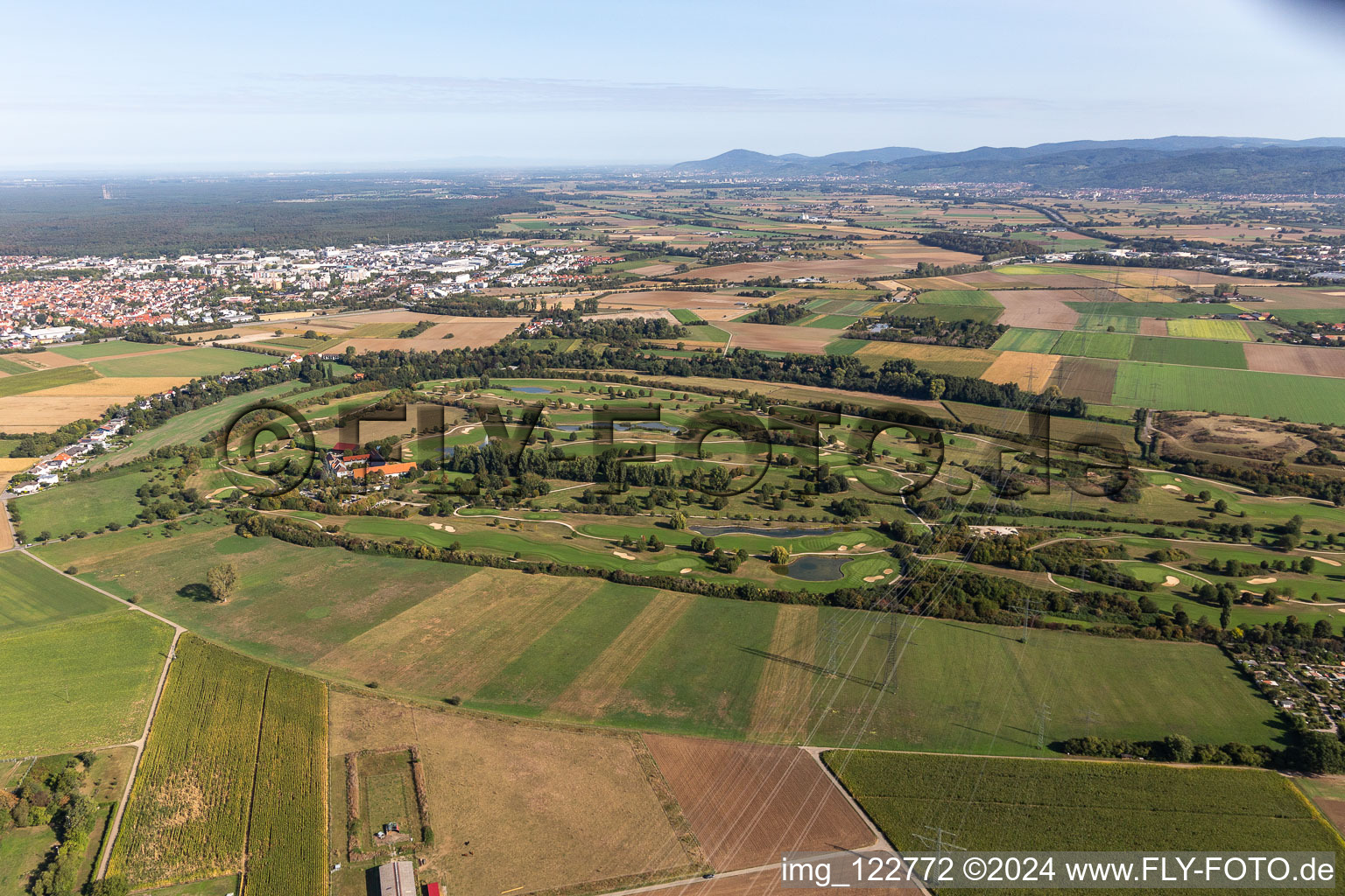 Aerial view of Grounds of the Golf course at Heddesheim Gut Neuzenhof in Viernheim in the state Baden-Wuerttemberg, Germany