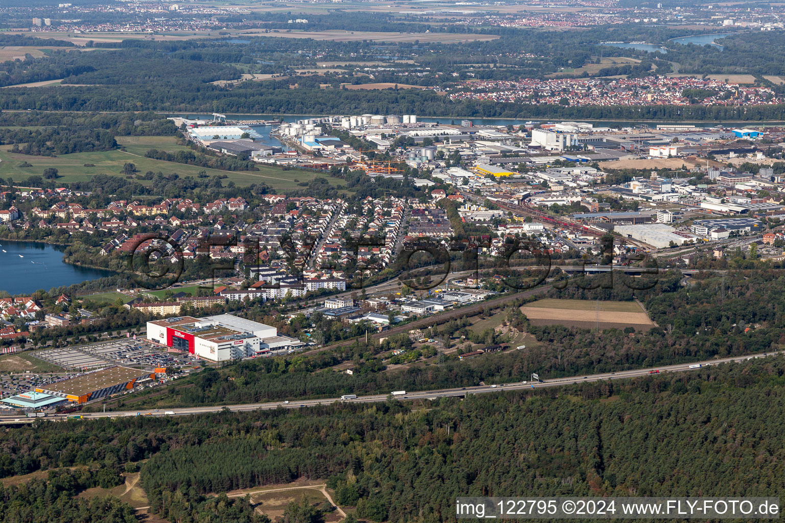 Drone image of District Rheinau in Mannheim in the state Baden-Wuerttemberg, Germany