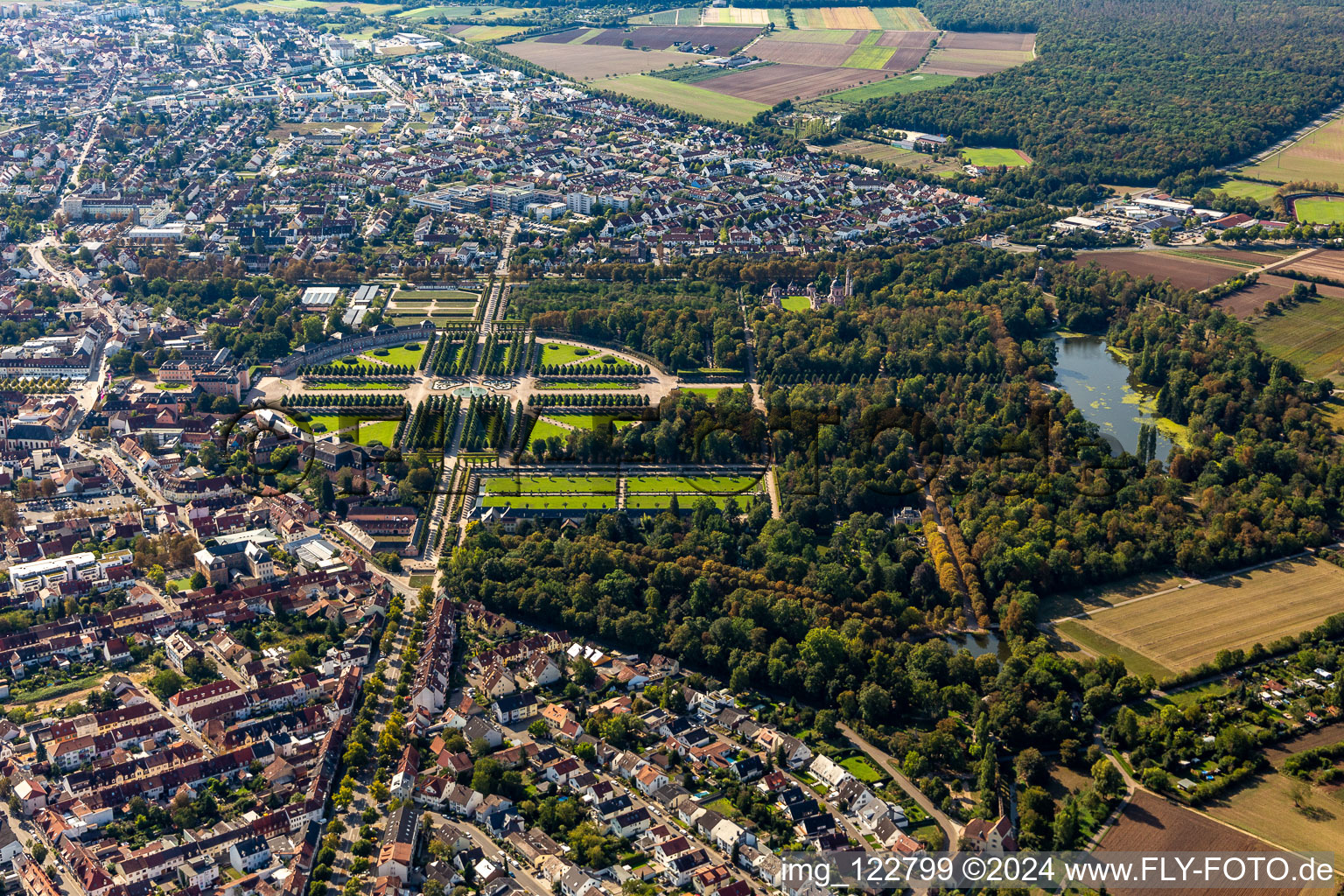 Oblique view of Rokoko Park of Gardens and Castle of Schwetzingen in Schwetzingen in the state Baden-Wurttemberg, Germany