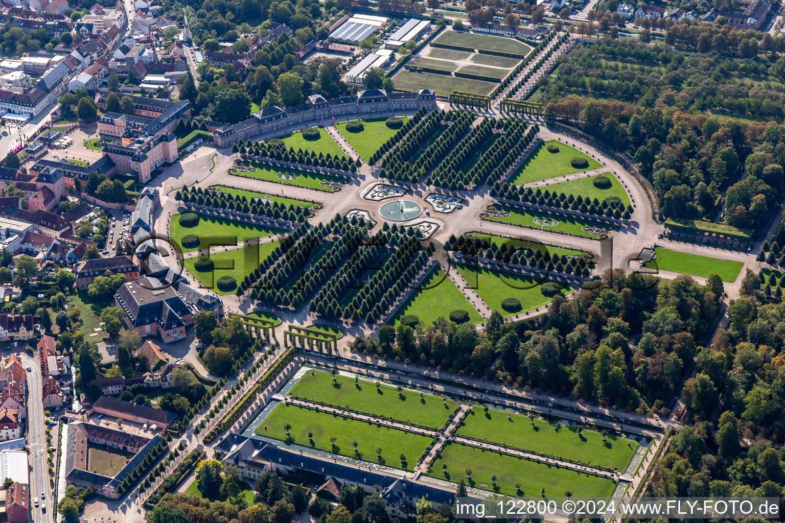 Aerial view of Rokoko Park of Gardens and Castle of Schwetzingen in Schwetzingen in the state Baden-Wurttemberg, Germany