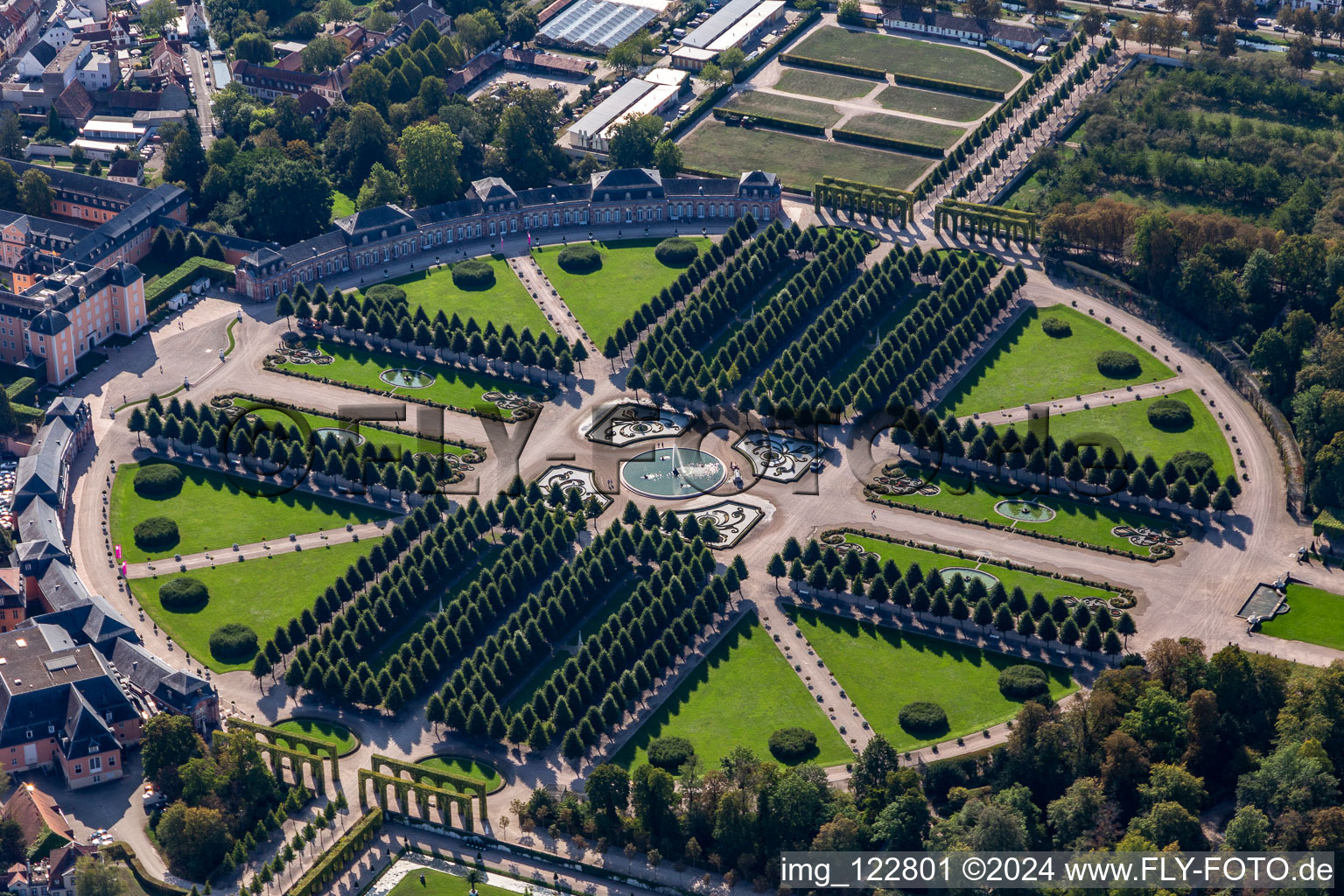 Aerial photograpy of Rokoko Park of Gardens and Castle of Schwetzingen in Schwetzingen in the state Baden-Wurttemberg, Germany