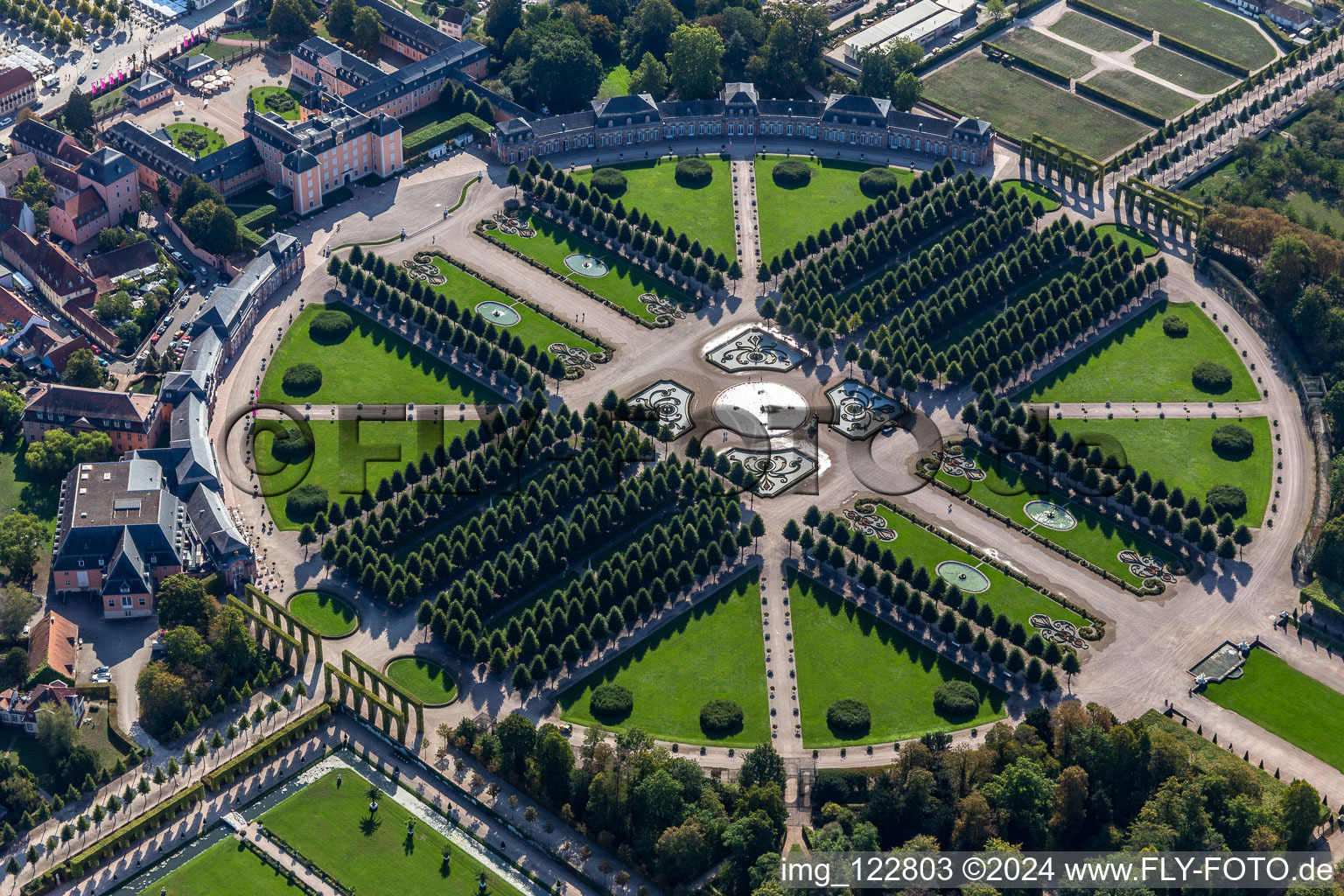 Aerial view of Palace garden and baroque palace Schwetzingen in Schwetzingen in the state Baden-Wuerttemberg, Germany